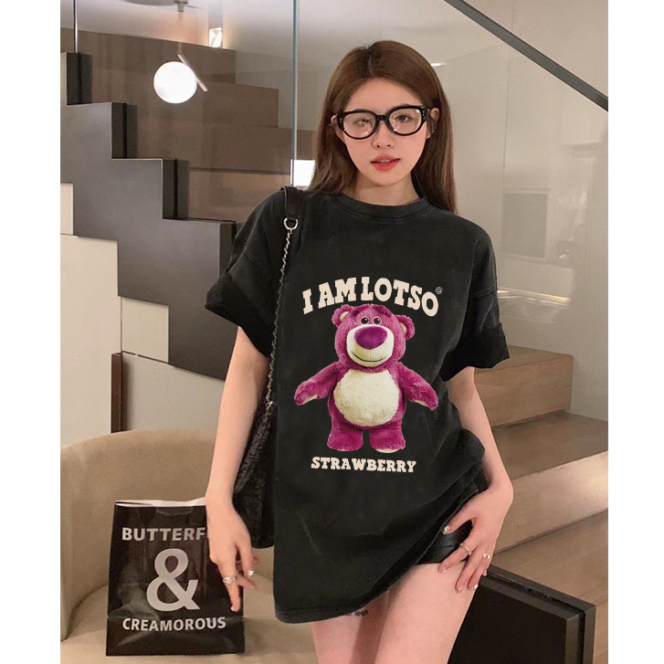 baju oversize kekinian lengan pendek cartoon motif strawberry bear printed kaos hitam import baju atasan wanita terbaru