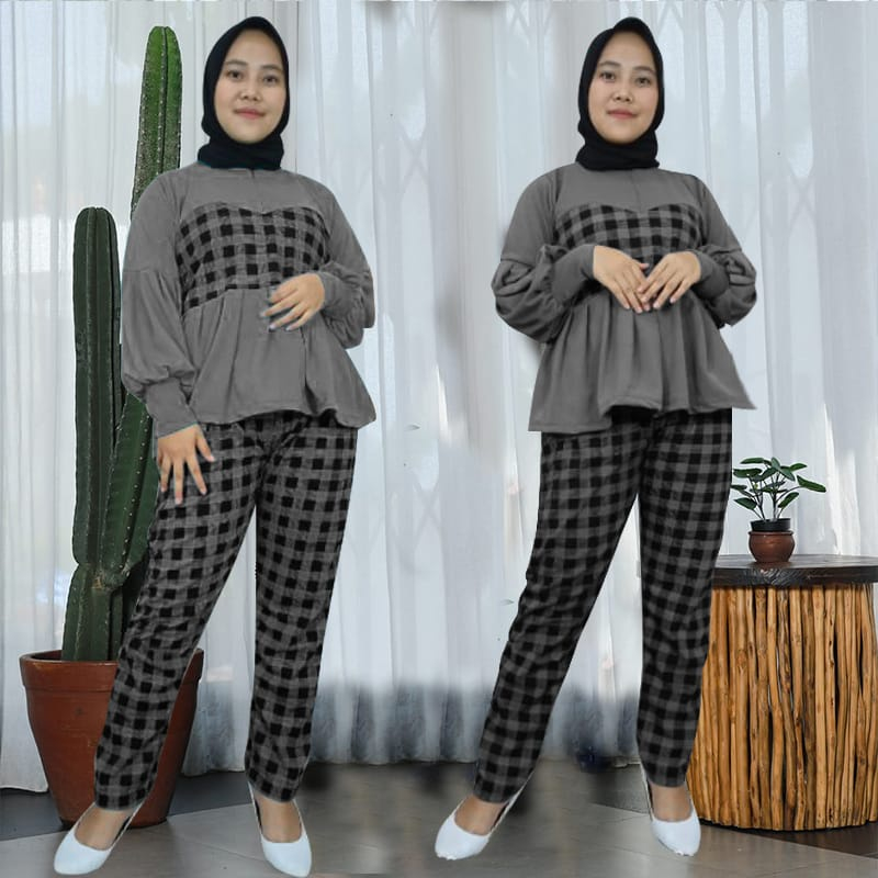 Pakaian Wanita Stelan Baju Lumbai Lengan Panjang Celana Slim Fit Tren Kekinian/Set Mona Kotak Allsize