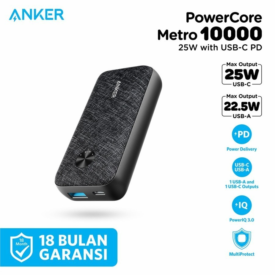 Anker PowerCore Metro 10000mAh Powerbank 25W 22.5W PPS PD QC - A1246 - Hitam