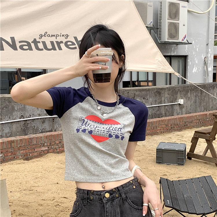 DF BJ389 Kaos Pendek Wanita Baju Atasan Crop Top Ketat Print Huruf Retro