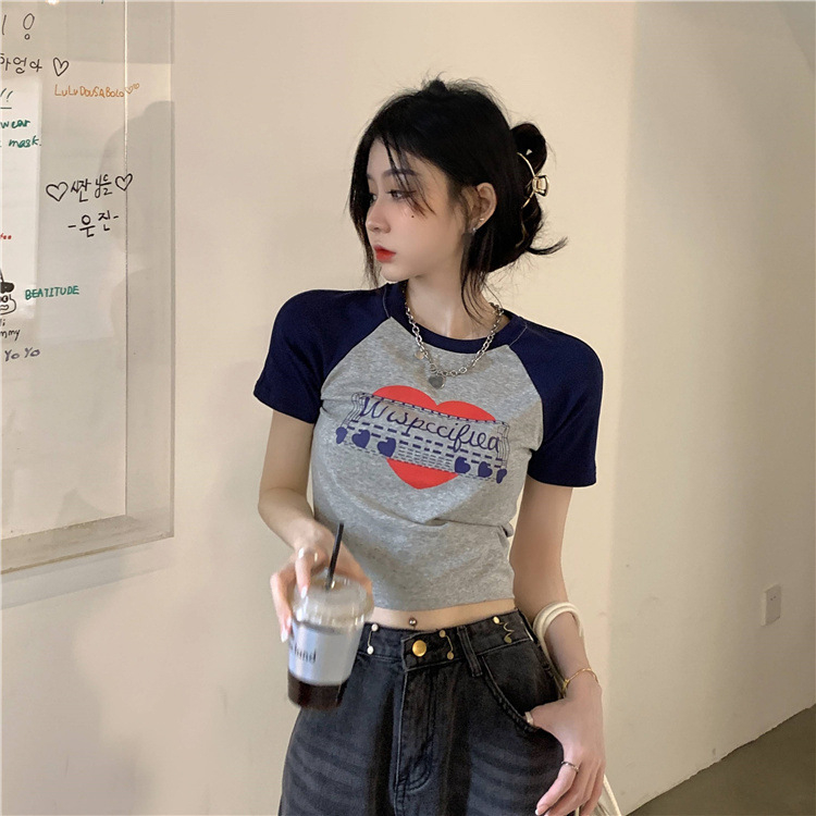 DF BJ389 Kaos Pendek Wanita Baju Atasan Crop Top Ketat Print Huruf Retro