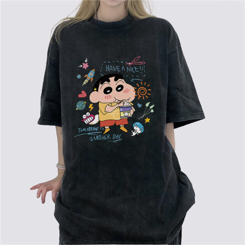 XIAOZHAINV Korean Style Krayon Shin-chan Pattern Washed Printing Kaos Wanita A0118/Atasan Wanita Terbaru