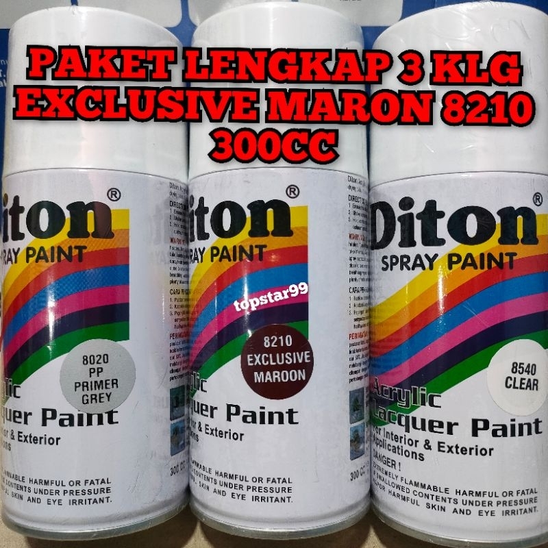 Pilok Cat Diton Paket Lengkap 3 Kaleng 300cc Exclusive Maron 8210 Primer Grey 8020 Clear Glossy 8540