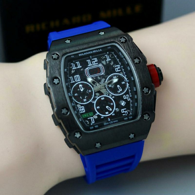 Jam Tangan Pria RM Richard Mile Crono Aktif Body Hitam Tali Biru - Jam Tangan Pria