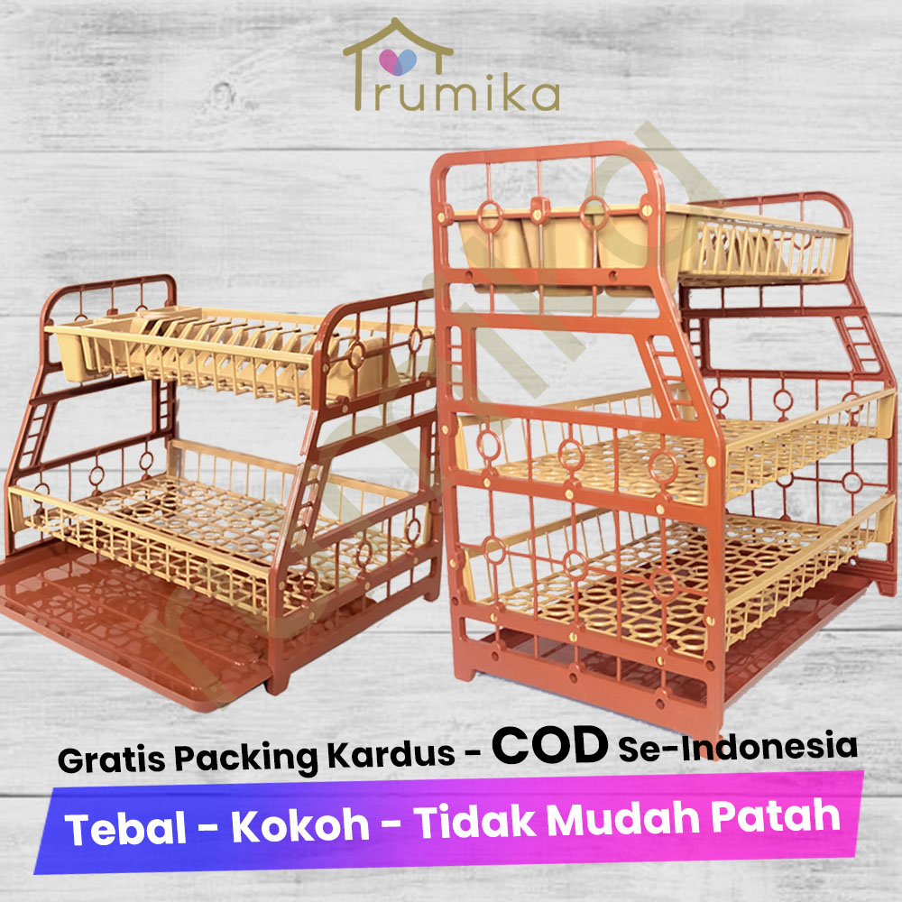 Rak Piring Plastik Monaco Susun 2 Susun 3 Coklat / Rak Peralatan Dapur / Tempat Pengering Gelas dan 
