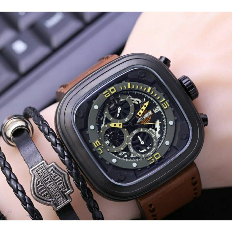 Jam Tangan Pria Harley Davidson Cronograp Tali Kulit - Jam Tangan Harley Davidson