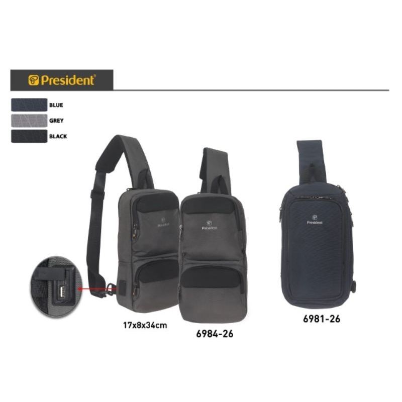TAS SLING BAG PRIA| SELEMPANG PRIA | CHEST BAG USB PRESIDENT ORIGINAL 6981-26