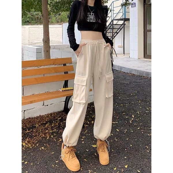 CELANA JOGGER GAMBLOK TALI SERRUT - CELANA PANJANG WANITA ONE POCKET KOREAN STYLE