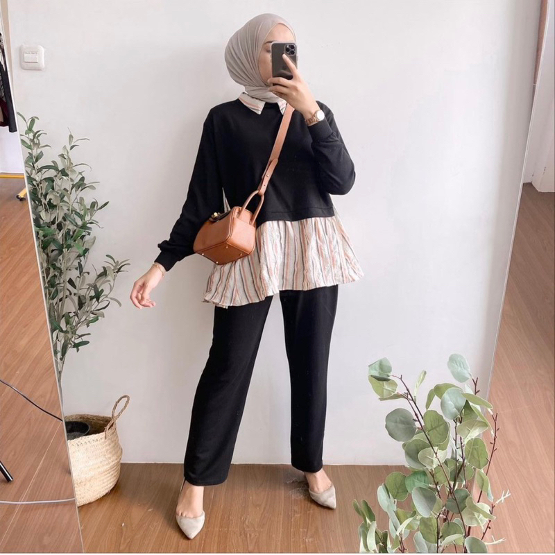 setelan salur kombinasi kaos knit setcel wanita kaos knit