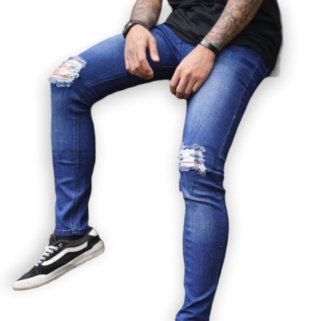CELANA JEANS HITAM SOBEK PRIA STRETCH SOFT BAHAN MELAR CELANA RIPPED JEANS PRIA CELANA SOBEK LUTUT
