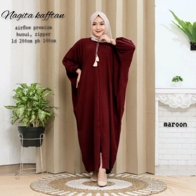 Kaftan Crinle Airflow Nagita Polos All Size Busui Resleting Depan Terbaru