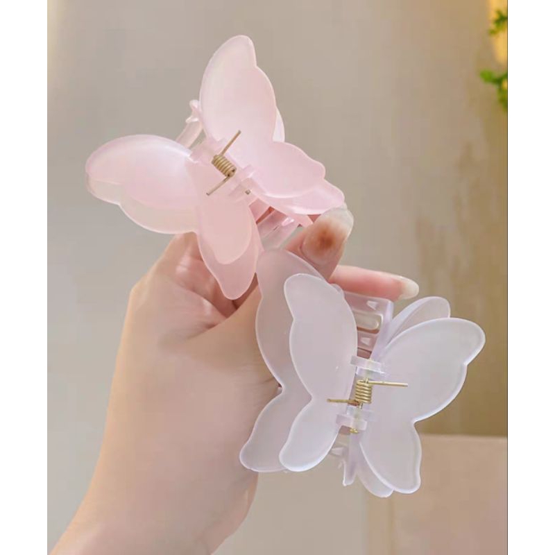 Jepit Rambut Kupu Kupu Jumbo 7cm Dua Sayap Warna Salem Bubble Gum Jedai Doff Kupu Sayap Ganda Jepitan Rambut Transparan Matte Double Layer Korean Butterfly Hair Claw Clips