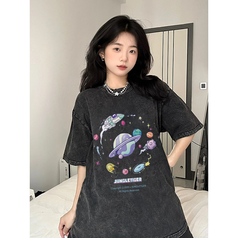 XIAOZHAINV Korean Style Travel Around The Planet Pattern Washed Printing Kaos Wanita A0137/Atasan Wanita Terbaru