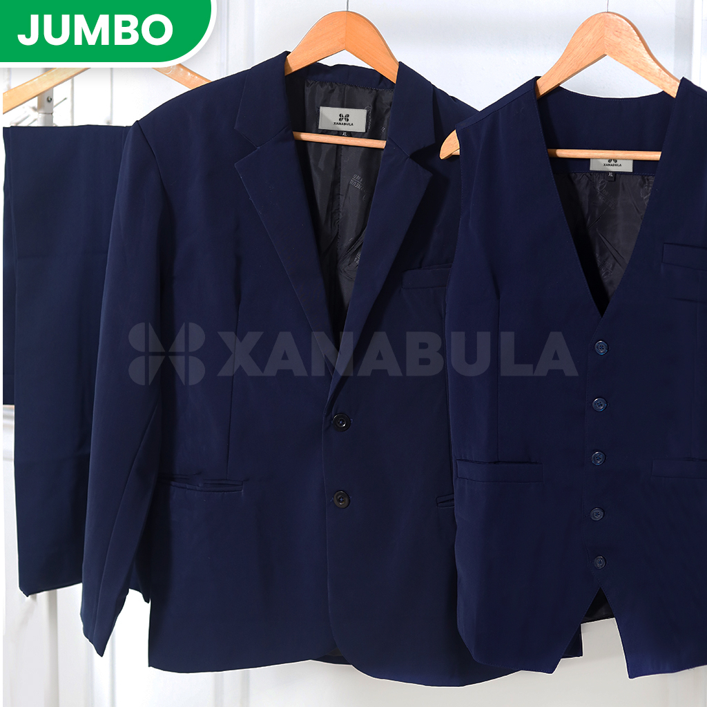 XNBL.ID Jas Blazer Pria Jumbo Set Lengkap Setelan Rompi Navy Biru Tua