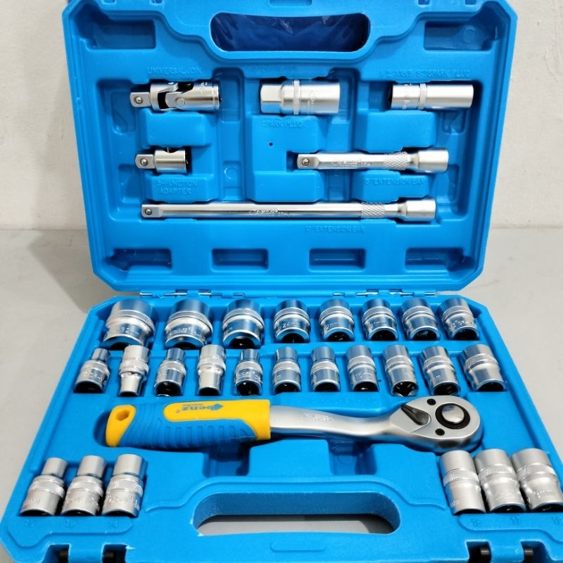 KUNCI SOK SET "BENZ WERKZ" 32PCS 1/2 (6PT+12PT) 8-32MM || SOK SET 32PCS 1/2 LENGKAP