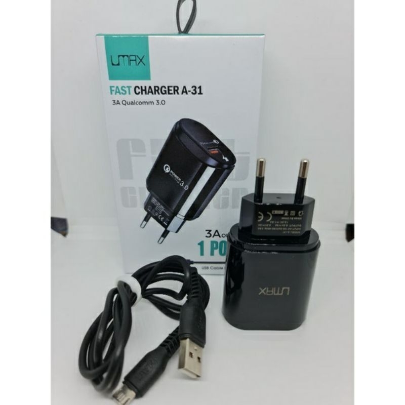 Charger UMAX A31 Charger UMAX Fast Charger A-31 3A Qualcomm 3.0 Charger UMAX A31 Power Quick Charge Qualcomm 3.0 Fast Charger 3A Usb To Micro Cable Included MIKRO USB