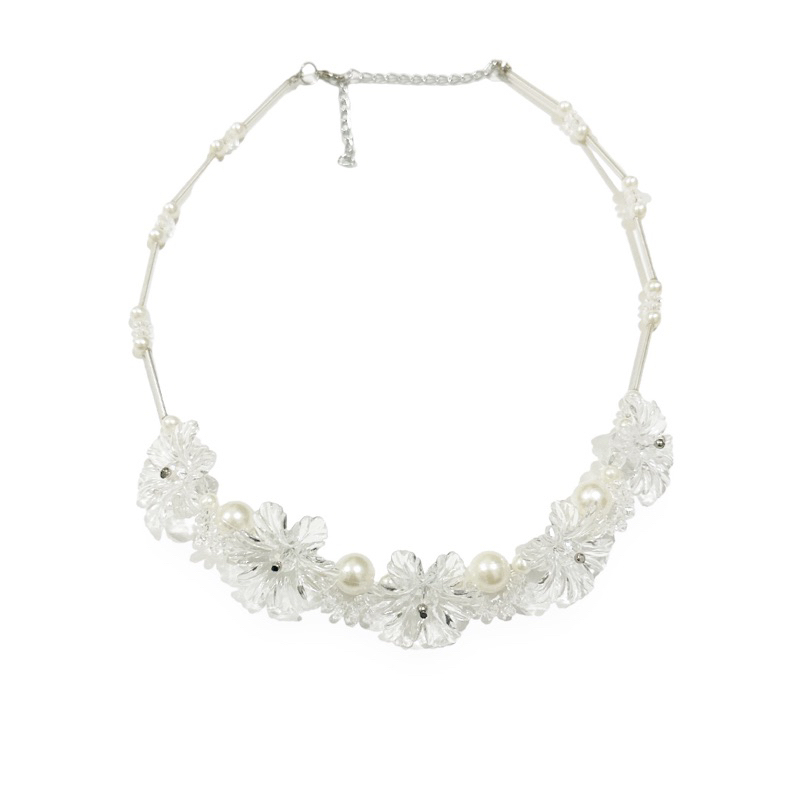 Kailee Crystal Pearl Flowery Necklace Kalung Kristal Panjang Mutiara Bunga Hijab Friendly