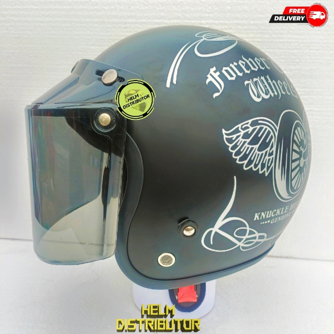 HELM BOGO RETRO MOTIF TWO WHEELS DEWASA KACA DATAR HITAM/BENING/SILVER/PELANGI PRIA WANITA COD