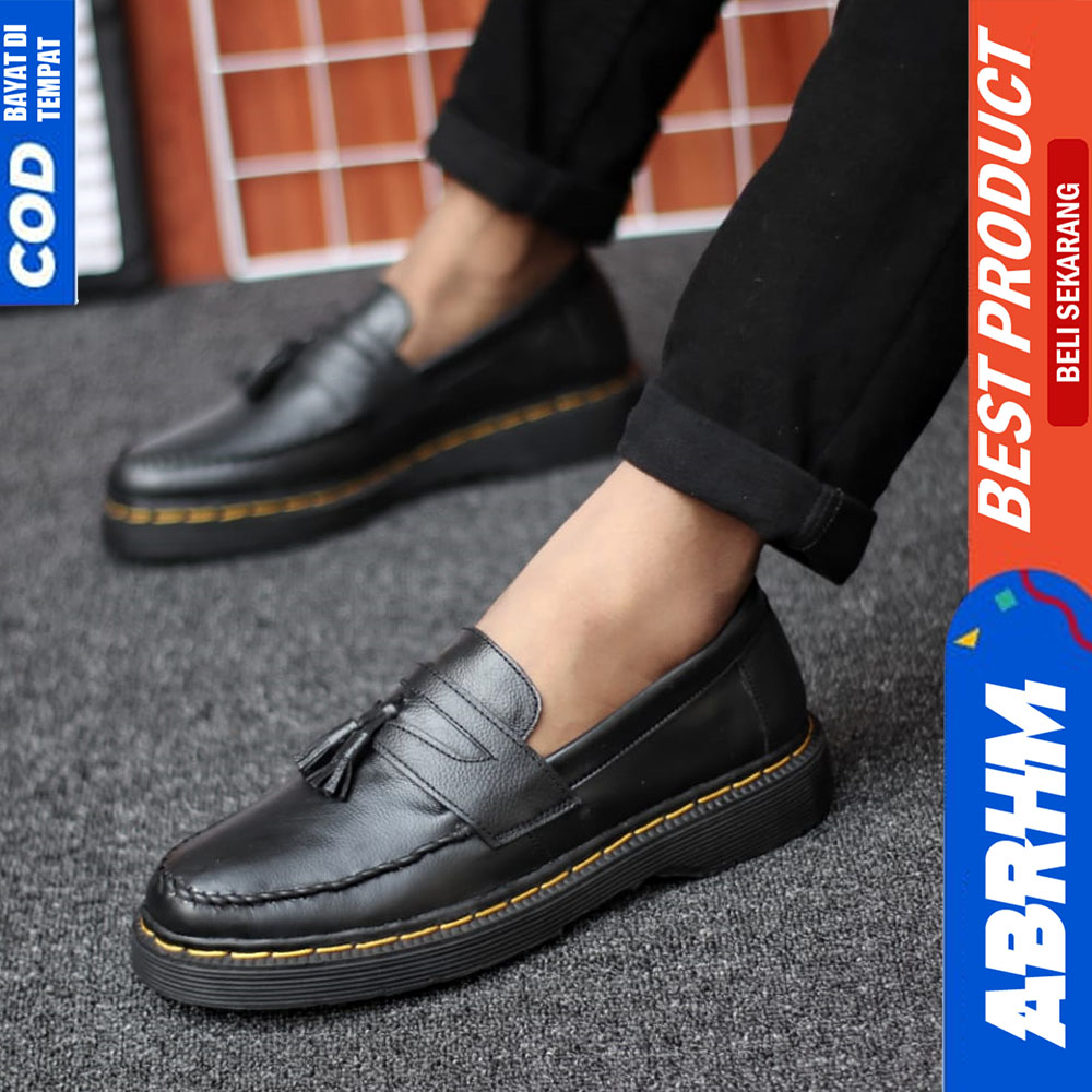 ABRHM Sepatu Loafers Docmart Pria Kulit Asli Kerja Hitam