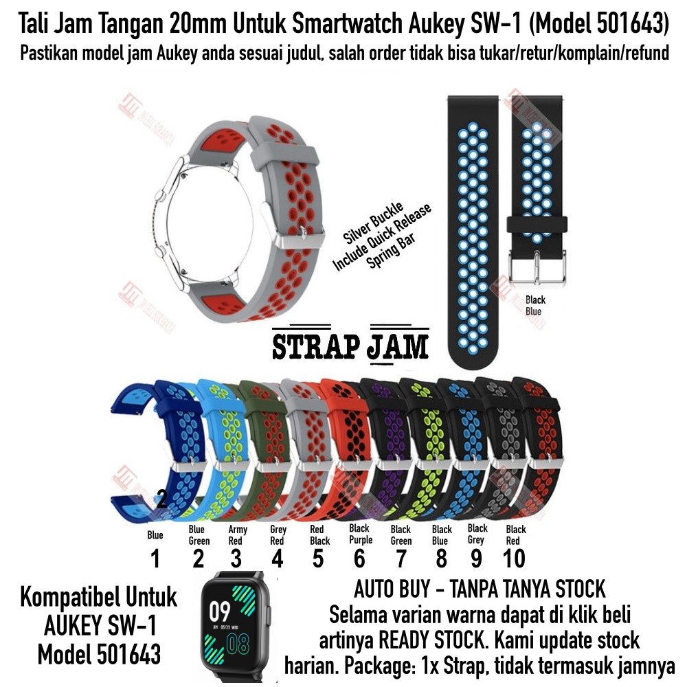 NSB Tali Jam Aukey SW-1 SW1 501643 - Strap 20mm Silikon Silver Buckle Sporty