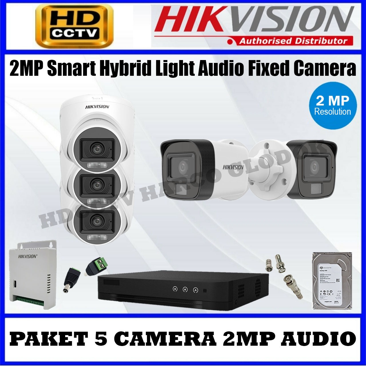 PAKET CCTV 5 CAMERA HIKVISION DVR 8 CHANNEL TURBO HD 2MP AUDIO LENGKAP