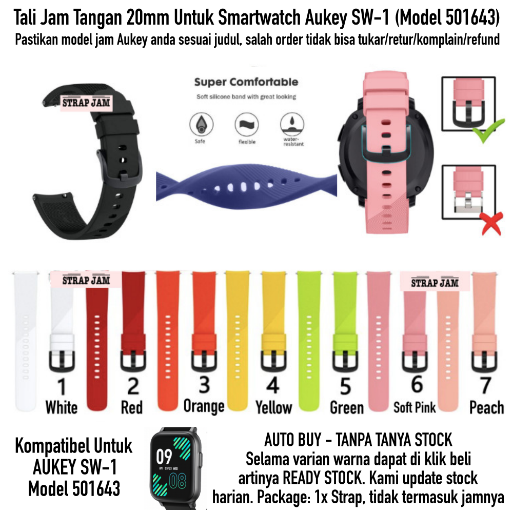 RTS Tali Jam Aukey SW-1 SW1 501643 - Strap 20mm Silikon Rubber Dengan Buckle Hitam