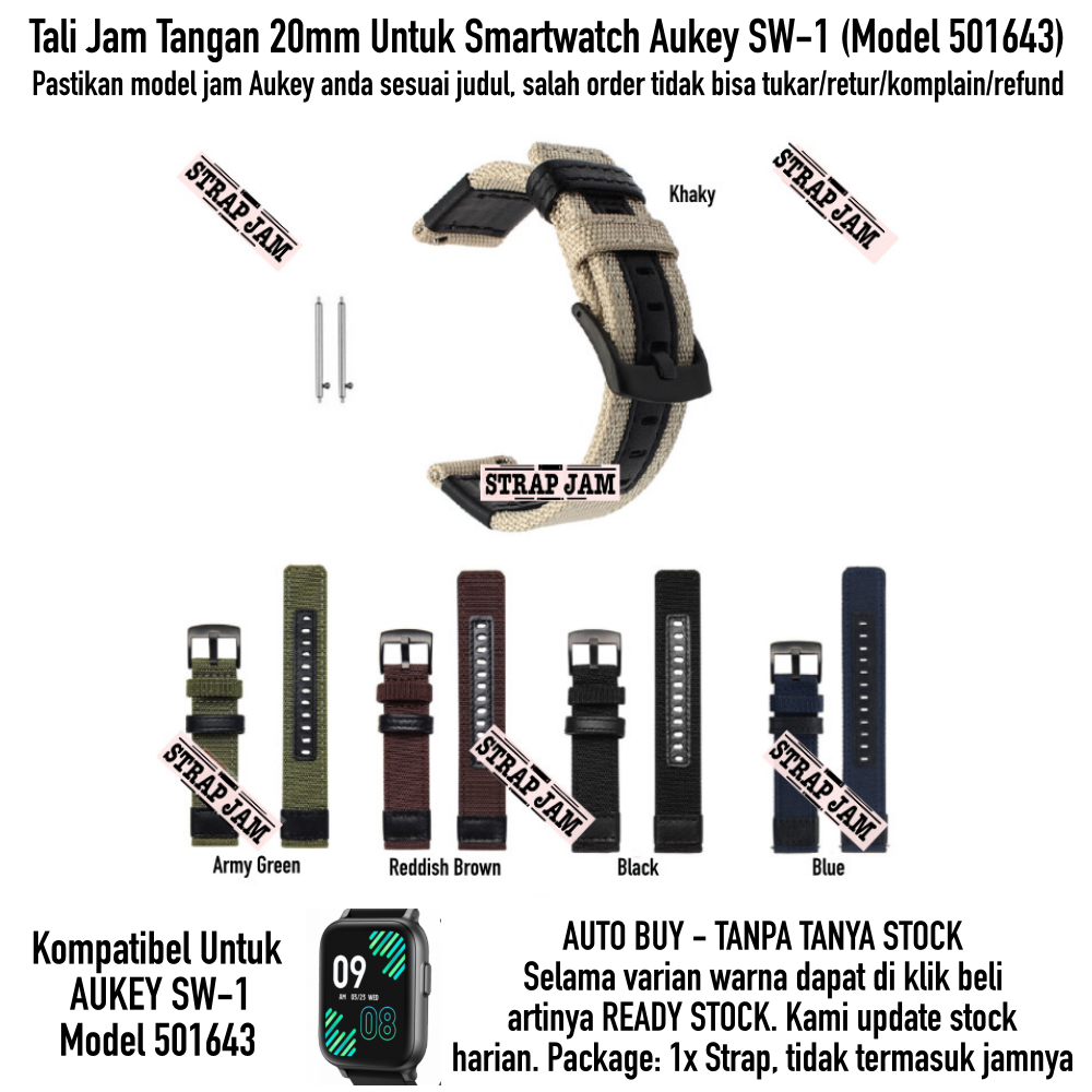 Tali Jam 20mm Strap Aukey SW-1 SW1 501643 - Woven Nylon Nilon Tebal