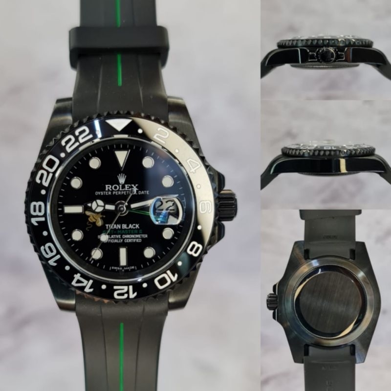JSR 2146 JAM TANGAN PRIA ROLEX RUBBER-B OYSTER FLEX HITAM LIST HIJAU SAPPHIRE GLASS SUPEE PREMIUM