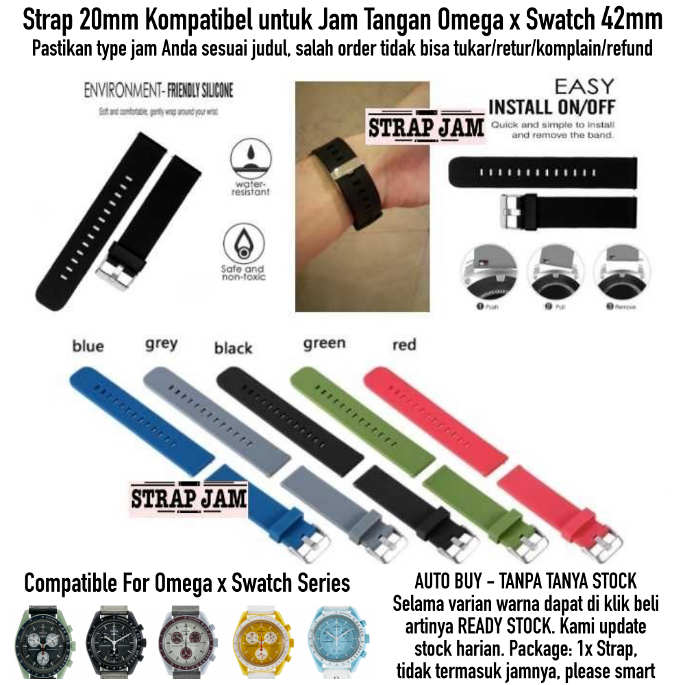 Polos Strap 20mm Omega X Swatch 42mm Quick Release - Tali Jam Tangan Rubber With Silver Buckle