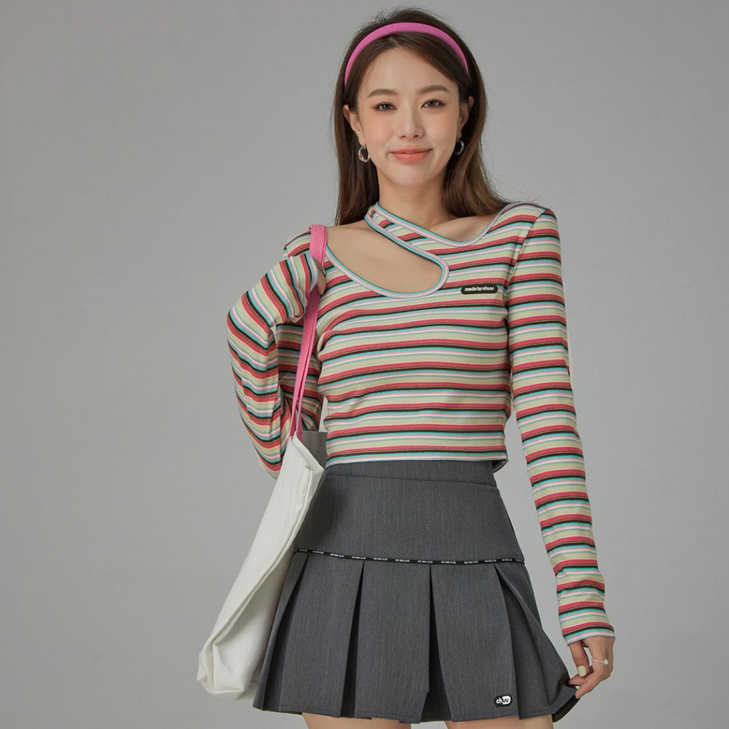 YIU YIU Rajut - Atasan Wanita Kekinian Stripe Lengan Panjang Halterneck Casual Top