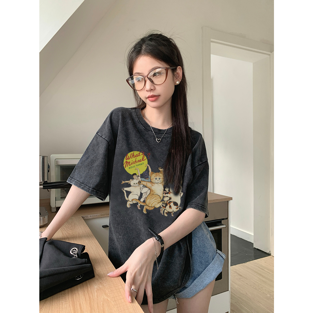 EUNII T-shirt Lengan Pendek Black Washed Cartoon Funny Cat Printing Korean Style/Kaos Atasan Wanita/Baju Wanita/Kaos Wanita