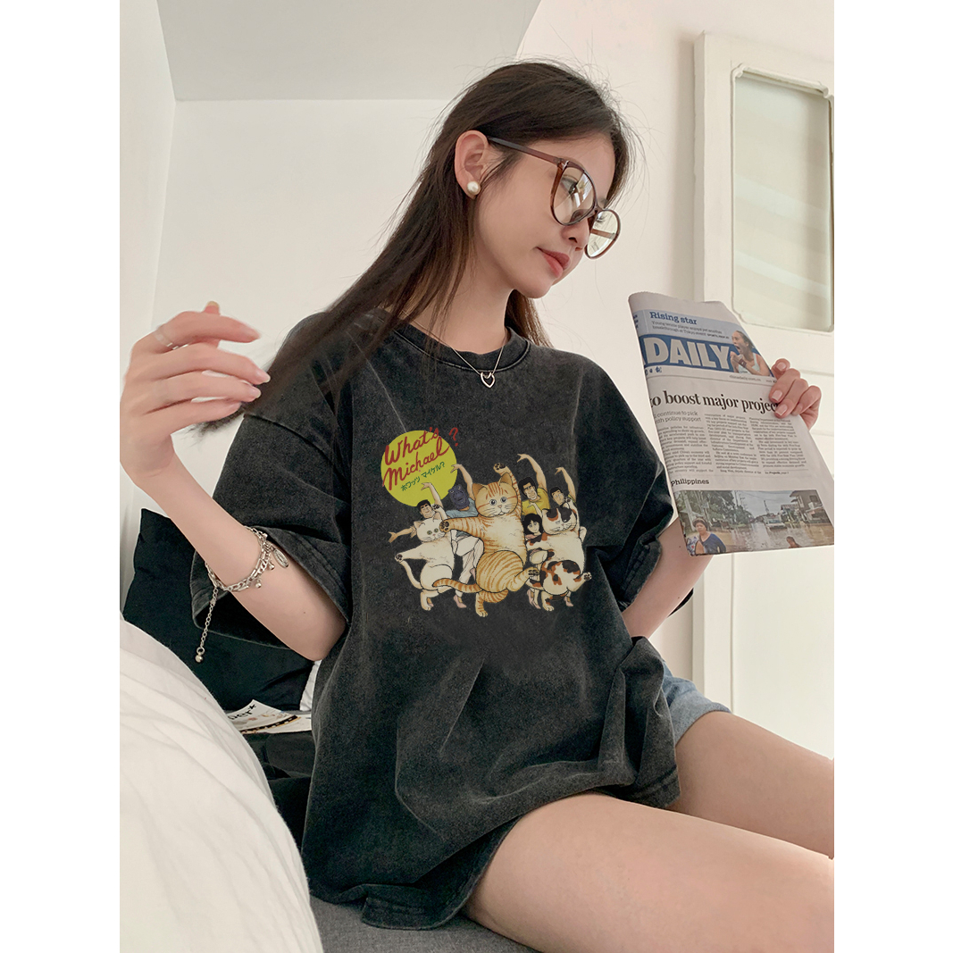 EUNII T-shirt Lengan Pendek Black Washed Cartoon Funny Cat Printing Korean Style/Kaos Atasan Wanita/Baju Wanita/Kaos Wanita