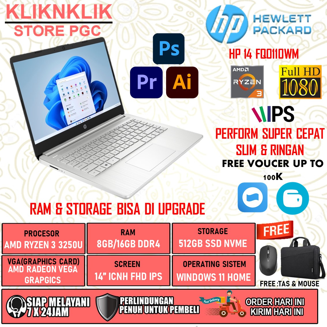 LAPTOP HP 14S DQ3110TU INTEL N4500 RAM 8GB 256GB SSD BACKLIGHT KEYBOARD WINDOWS 11 HOME OHS SILVER