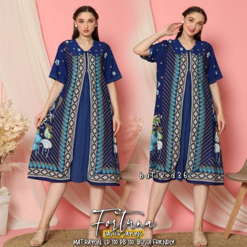 Dress Daster Nyaman Bumil Non Busui Krah Payung Rayon Premium Fortuna Baju Tidur Wanita motif batik modang