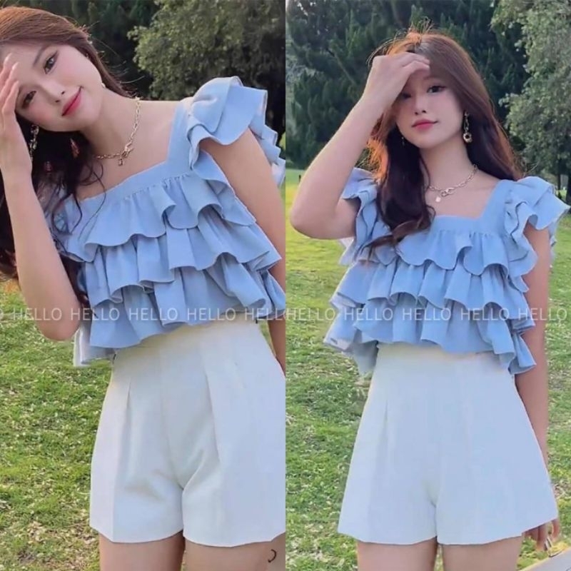 ATASAN CROP RUFFLE FASHION WANITA IMPORT BANGKOK BRAND HELLO 753