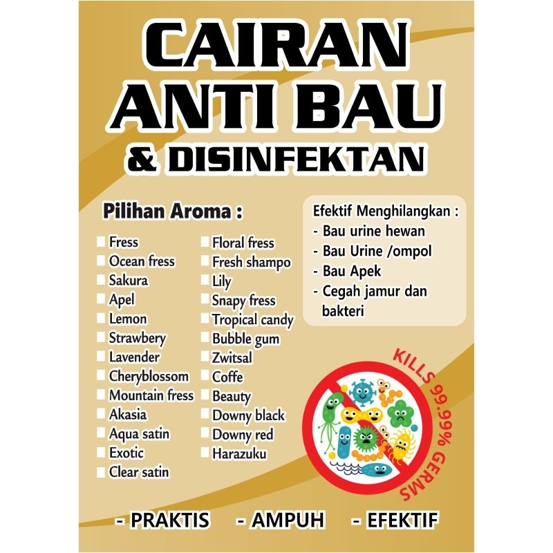 Cairan Penghilang Bau dan Disinfektan Aneka Aroma kemasan botol spray 60 ml