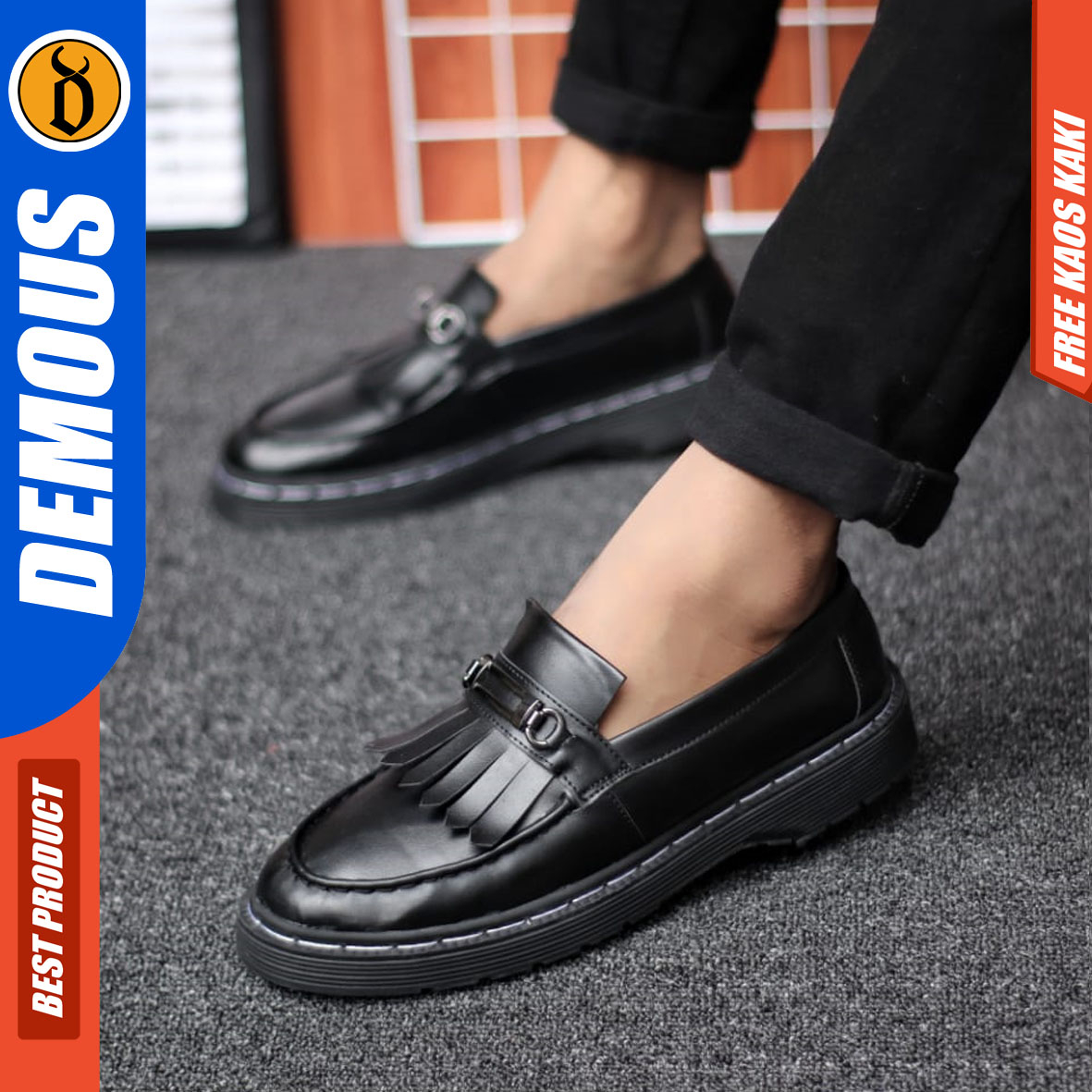 DEMOUS HIMAWARI - Sepatu Loafers Pantofel Formal Pria Docmart Casual Kulit PU Hitam Kerja Pria