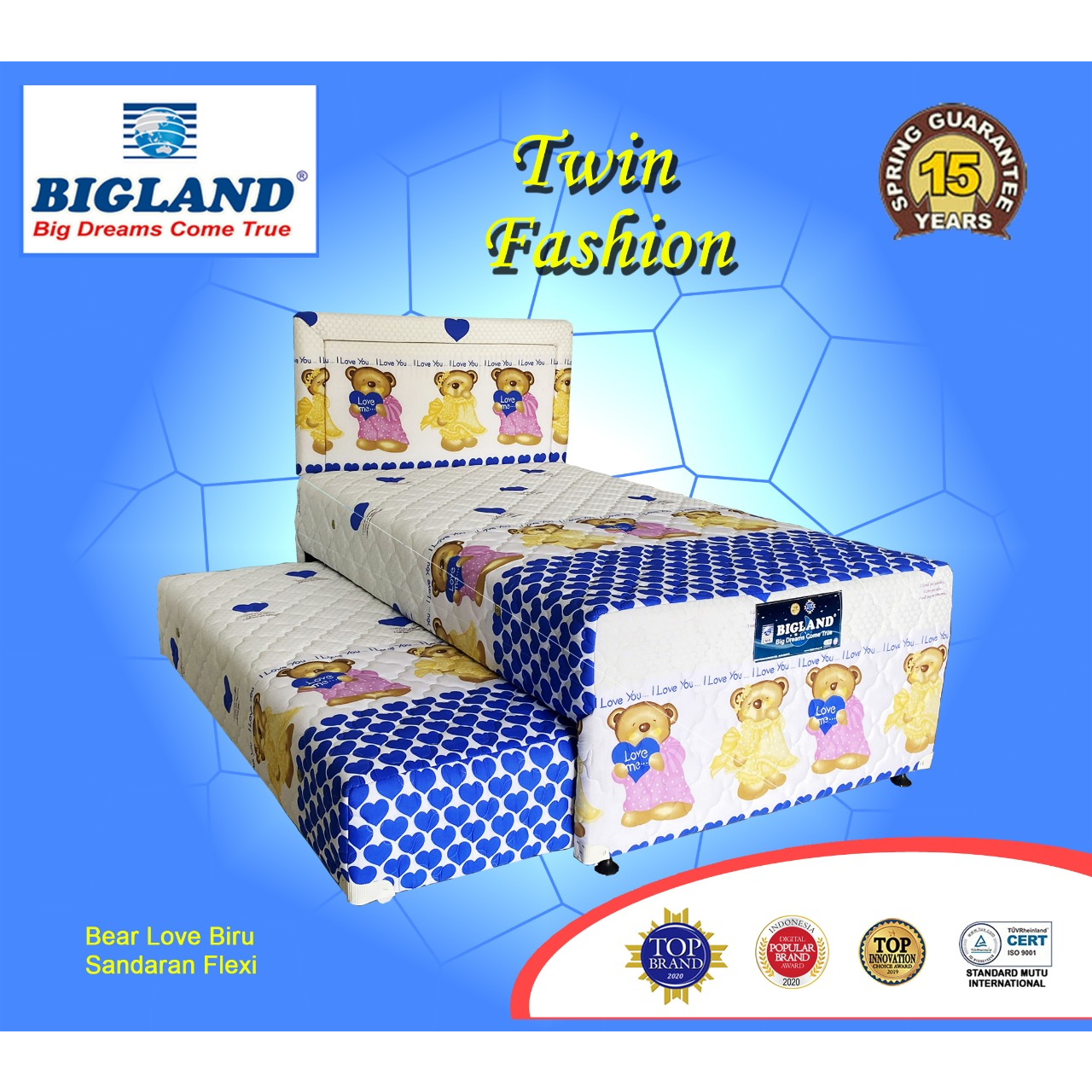 Springbed Bigland Twin Bear Love Biru ukuran 120x200 Manado