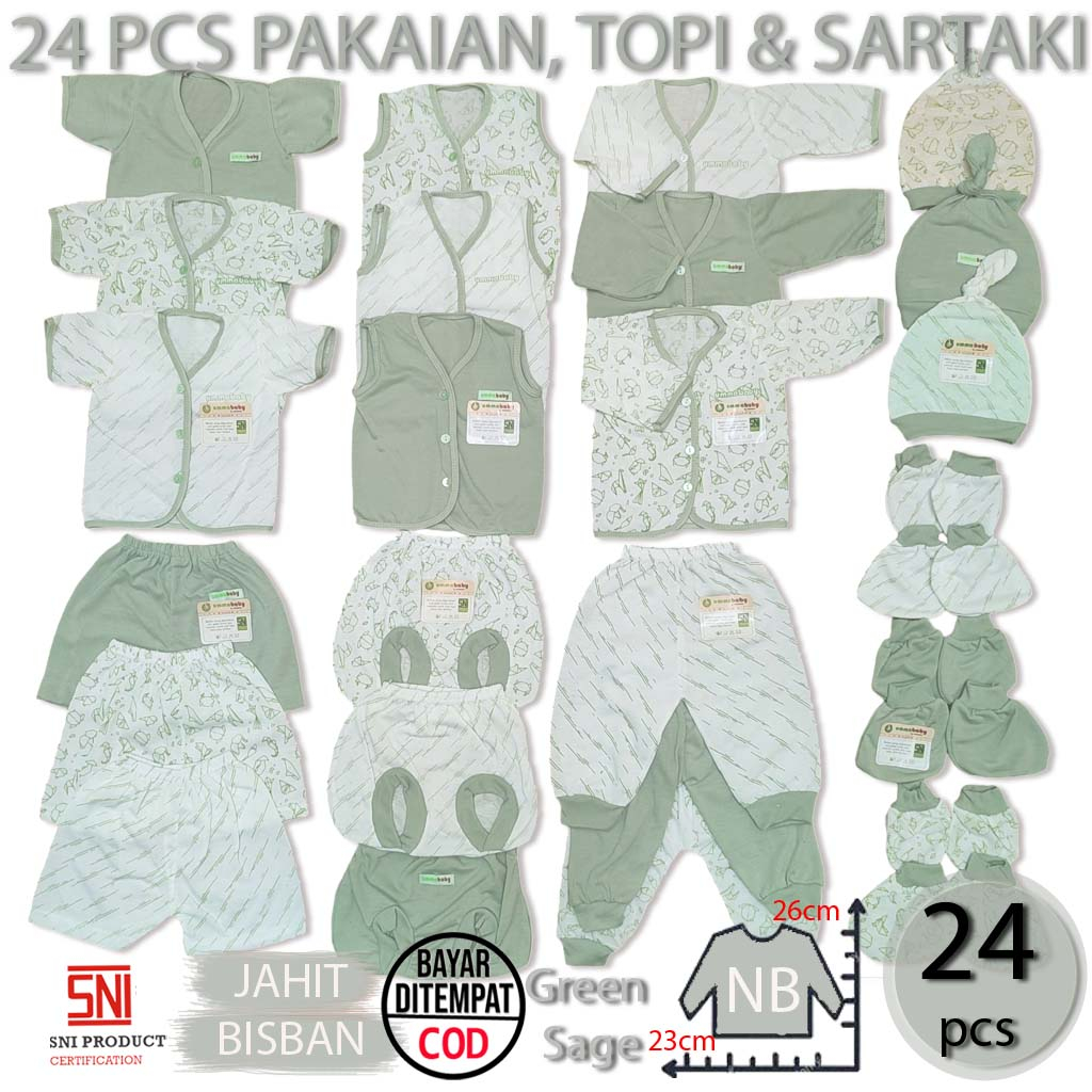 24 Pcs Baju Bayi Celana Bayi Setelan Bayi Baju Bayi Newborn Baju Bayi Baru Lahir Atasan Bayi Baju Bayi Kado Murah Baju Bayi Lucu Baju Bayi Seri Hijau Salem Abu Ekonomis Gift Set Green Sage Monochrome Sarung Tangan Kaki Topi