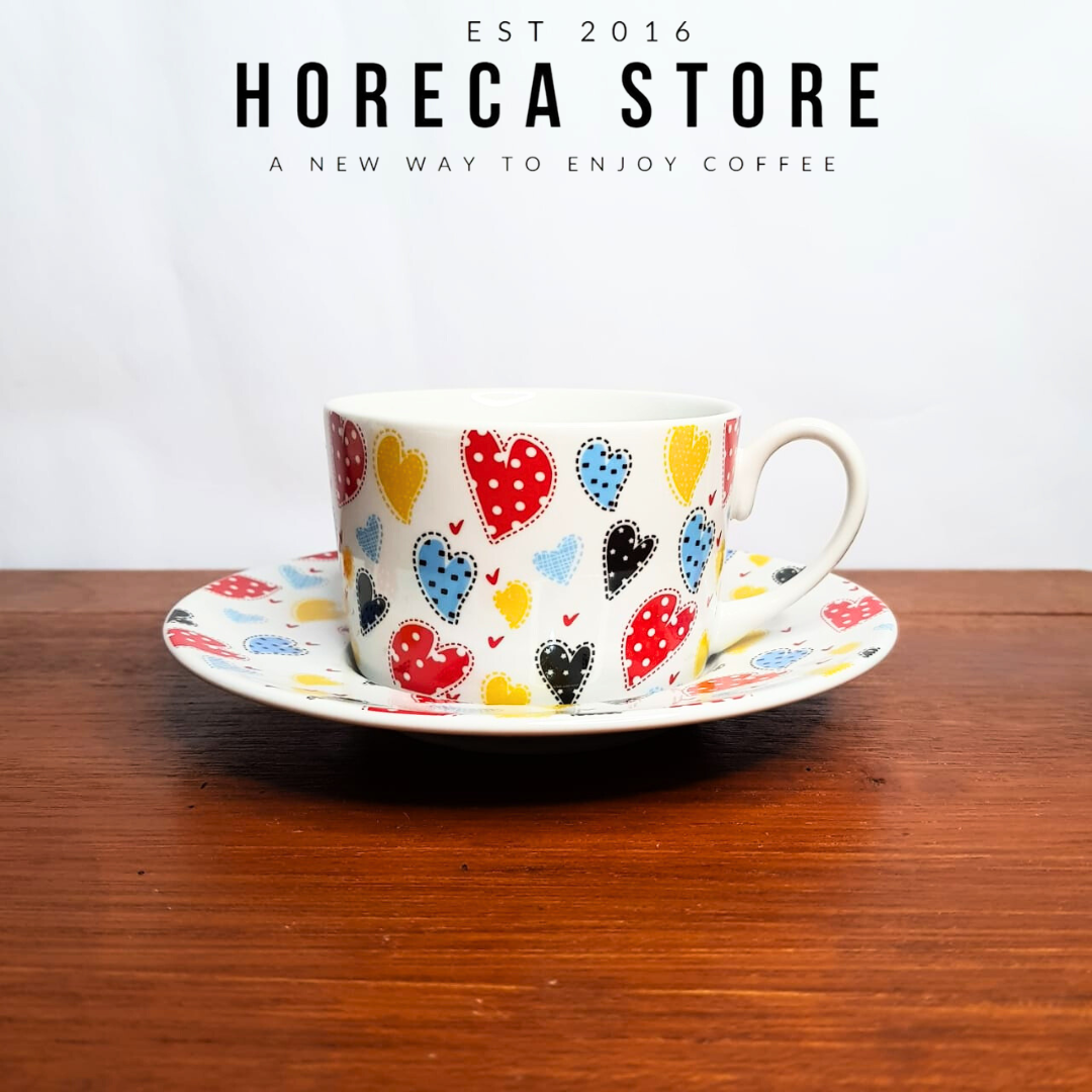 Cangkir Keramik Ceramic Motif Hati 240 ml / Cangkir Kopi Keramik dengan Tatakan / Gelas Latte Cappuc