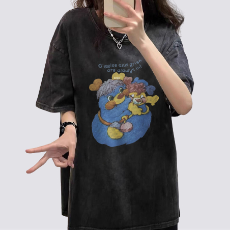 XiaoZhaiNv Korean Style Cartoon Pattern Washed Printing Kaos Wanita A0173