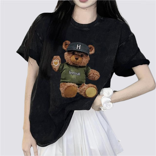 XIAOZHAINV Korean Style Cartoon Teddy Bear Pattern Washed Printing Kaos Wanita A0903/Baju Wanita Kekinian