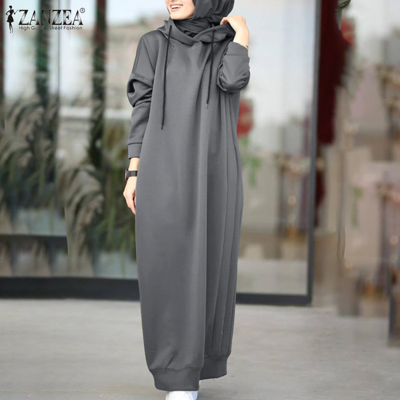 ZANZEA Women Hooded Winter Dress Long Sleeve Thin Fleece Long Dress