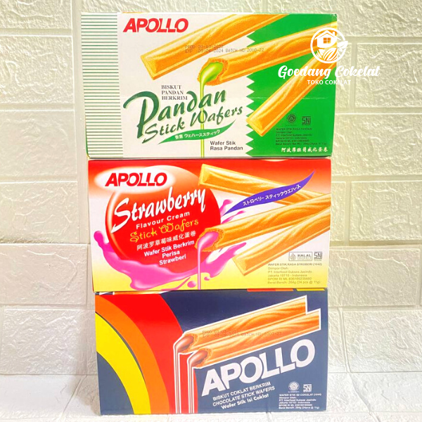 

Apollo Stick Wafer Biskuit Berkrim Chocolate Strawberry Pandan 1 Box Isi 24 Pcs x 11gr