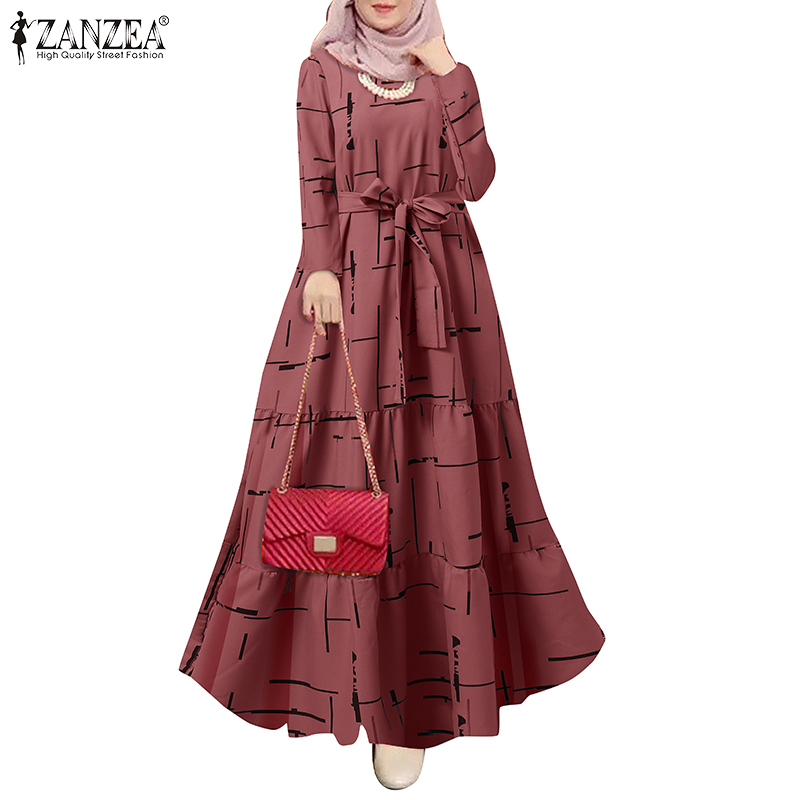 ZANZEA Women Muslim Elegant Print Belt Back Neck Button No Pocket Long Dress