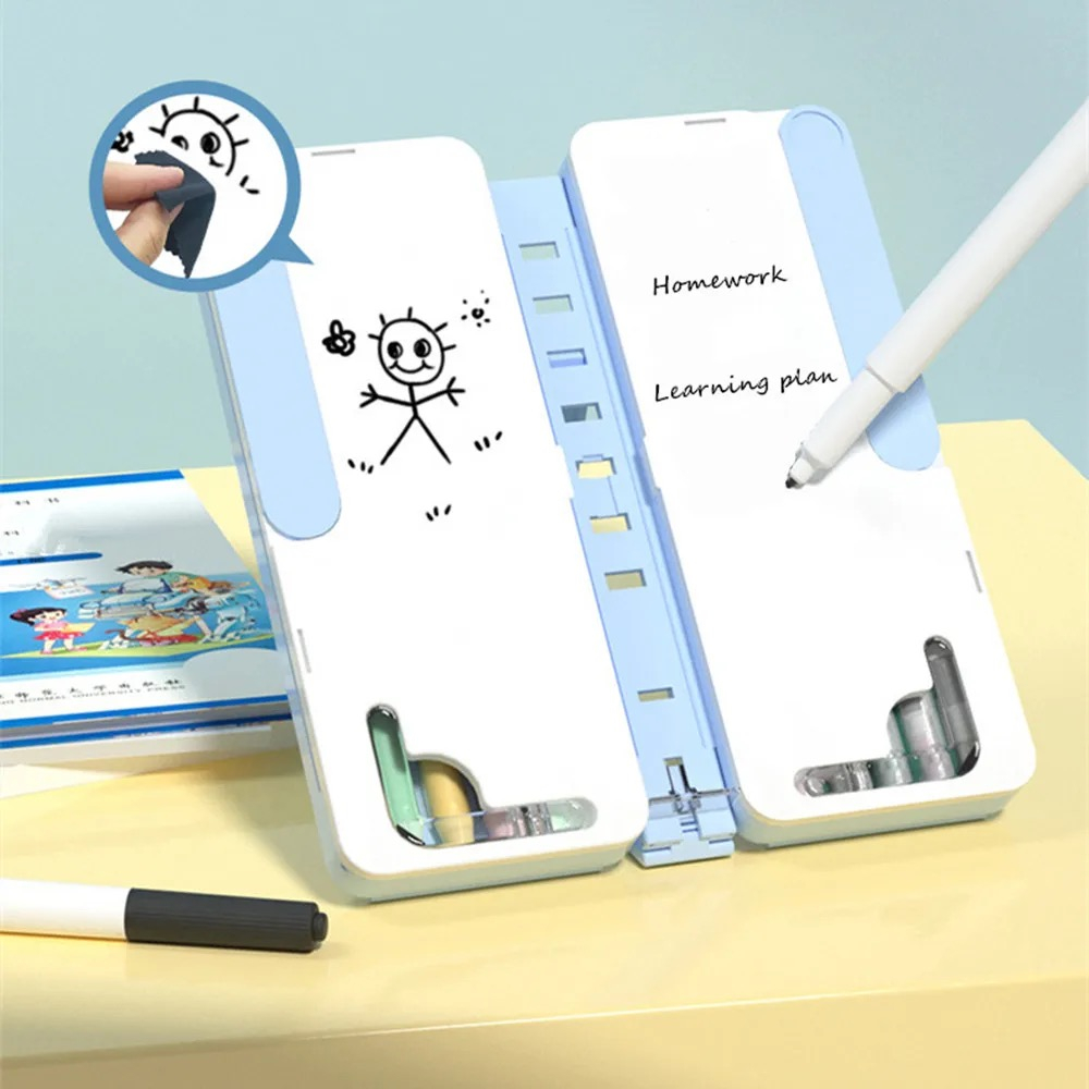 Kotak Pensil Anak Sekolah Motif Polos Multifungsi Drawing White Board + Book Stand Free Stiker Spidol