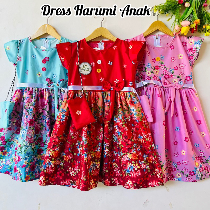 Dress anak 5 6 7 8 9 10 tahun gaun anak perempuan cewek motif bunga free tas ( dress harumi tas )