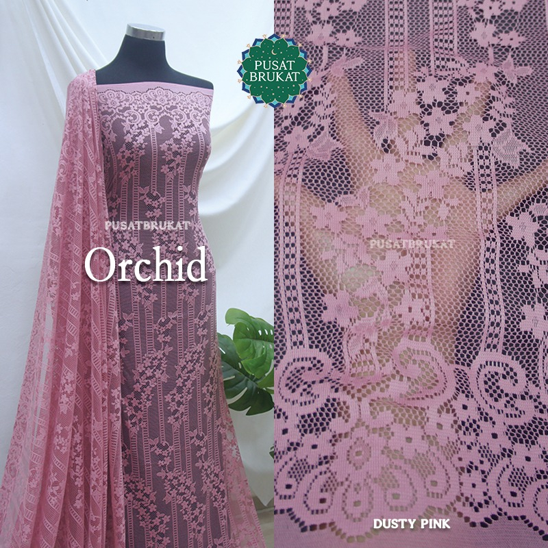 KAIN KEBAYA BROKAT MALIKA / LACE BRUKAT SALUR MOTIF ORCHID LEBAR 150 CM [harga per 0.5m]