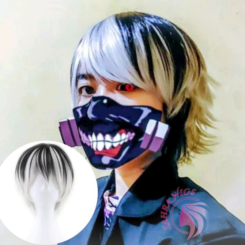 WIG COSPLAY TOKYO GHOUL HITAM PUTIH WIG PRIA RAMBUT PENDEK VERSI ANIME