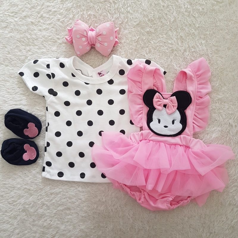 baju bayi minnie ribbon polkadot set